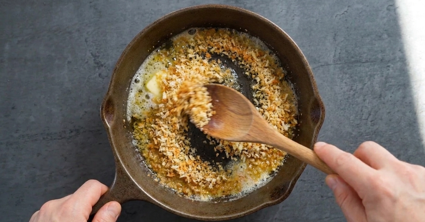 Panko breadcrumbs turning golden in a small skillet with butter and olive oil while being stirred with a wooden spoon