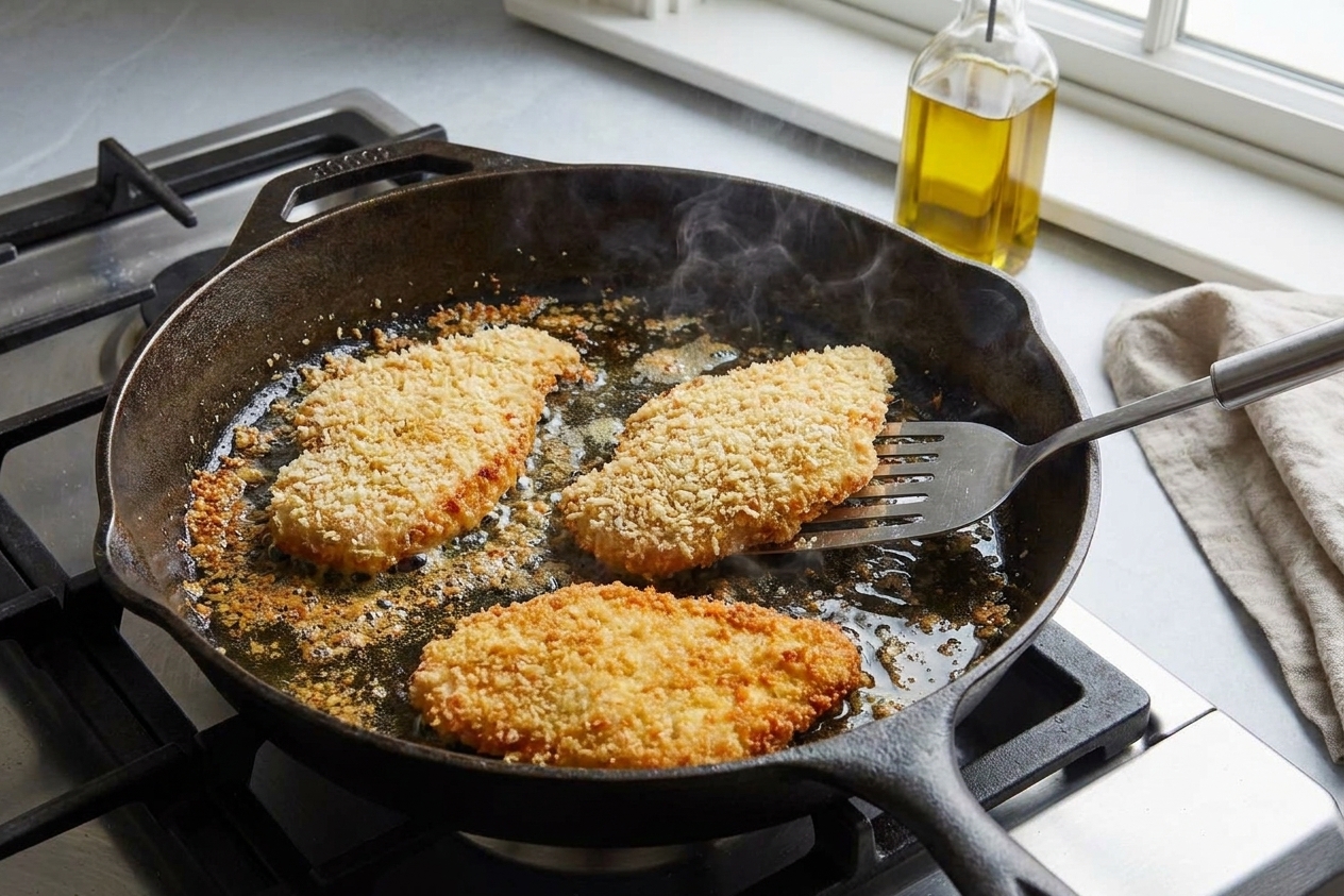 Panko breaded chicken cutlets sizzling in a large skillet with golden crumbs forming around the edges