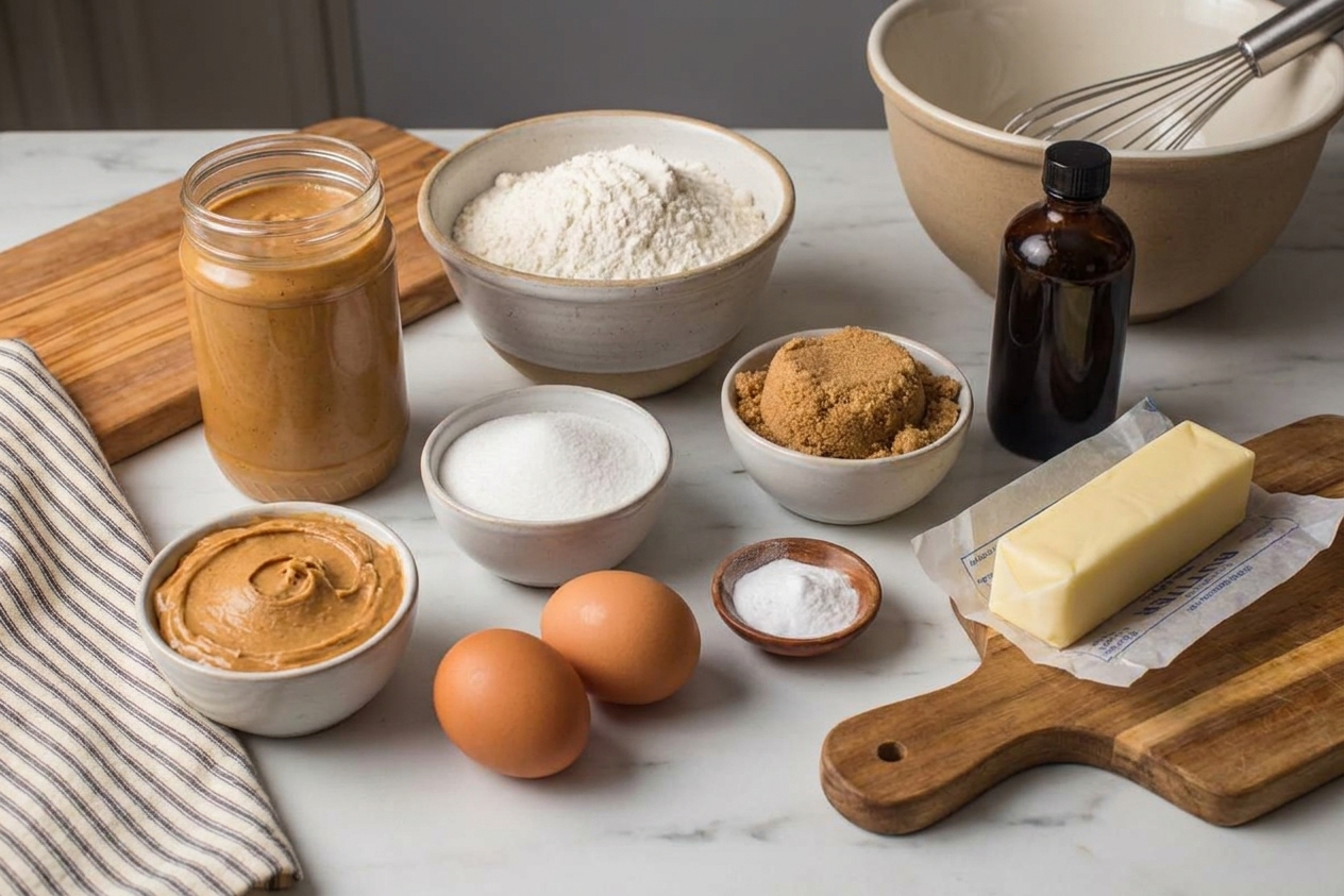 Pantry ingredients for peanut butter cookies on a clean kitchen counter, including peanut butter, flour, sugar, brown sugar, eggs, baking soda, vanilla, and butter