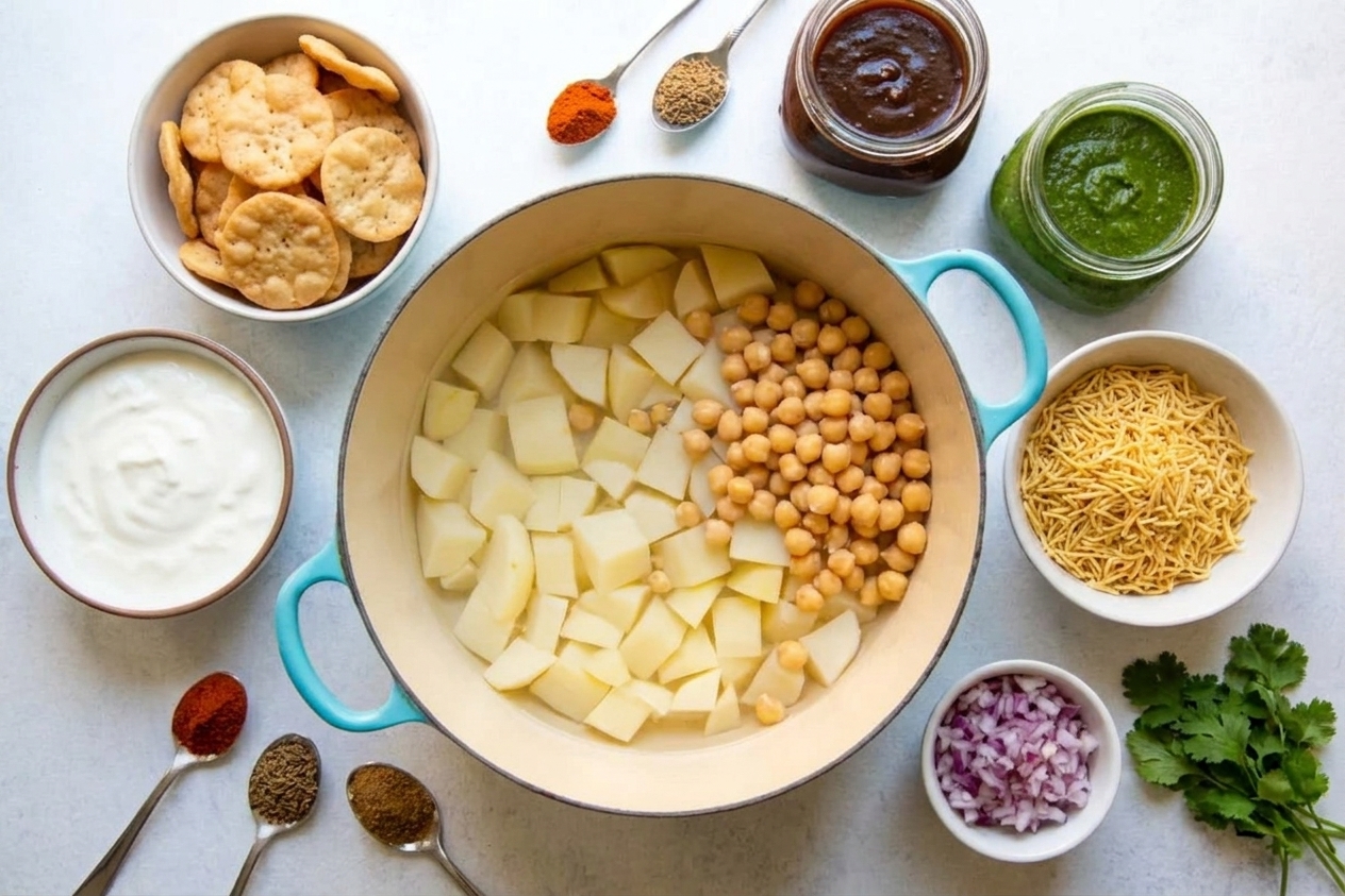 Papdi chaat ingredients arranged on a kitchen counter including papdi crackers, boiled potatoes, canned chickpeas, plain yogurt, tamarind date chutney, green chutney, sev, red onion, cilantro, and spices