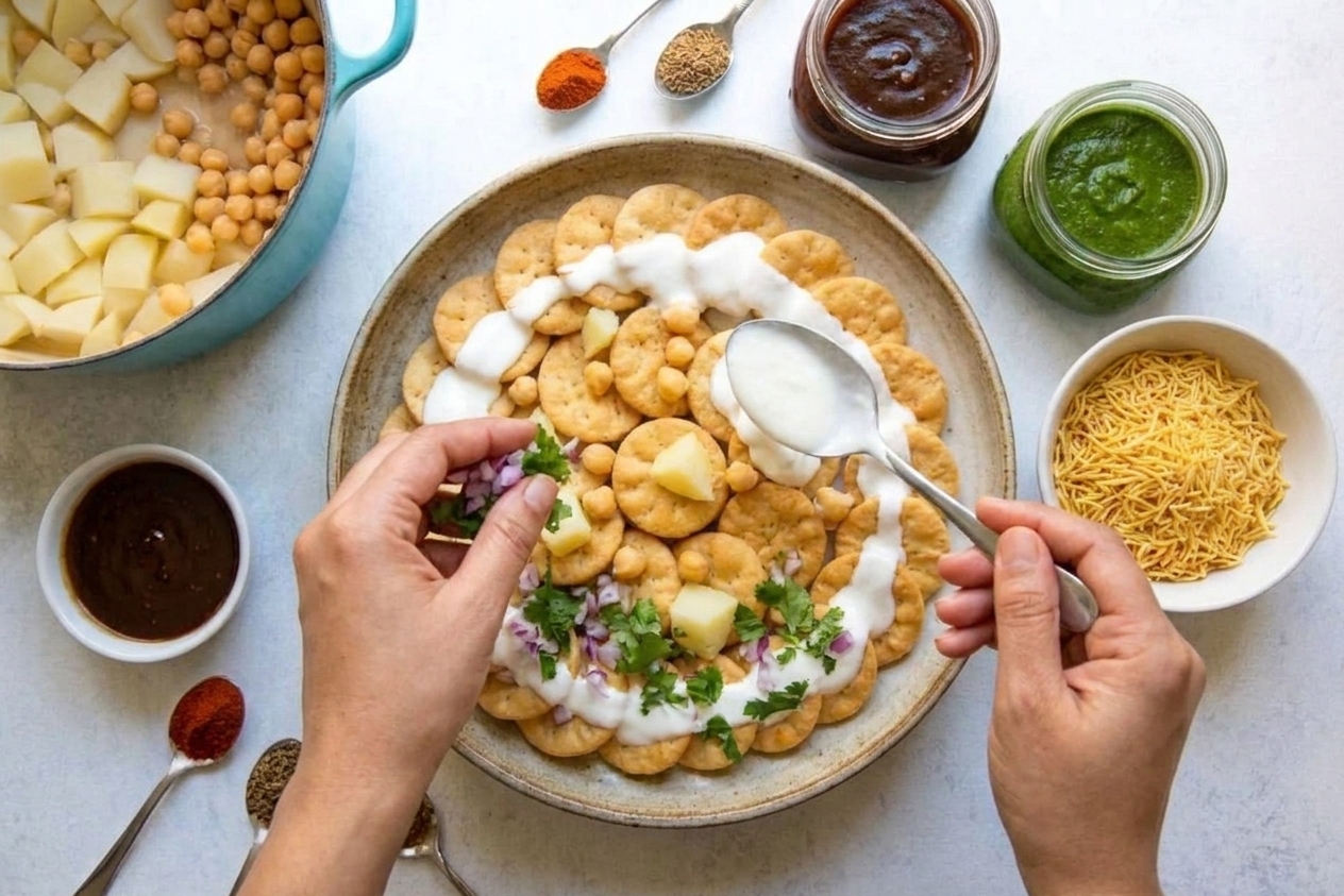 Papdi topped with potatoes, chickpeas, yogurt, and chutneys being assembled on a platter