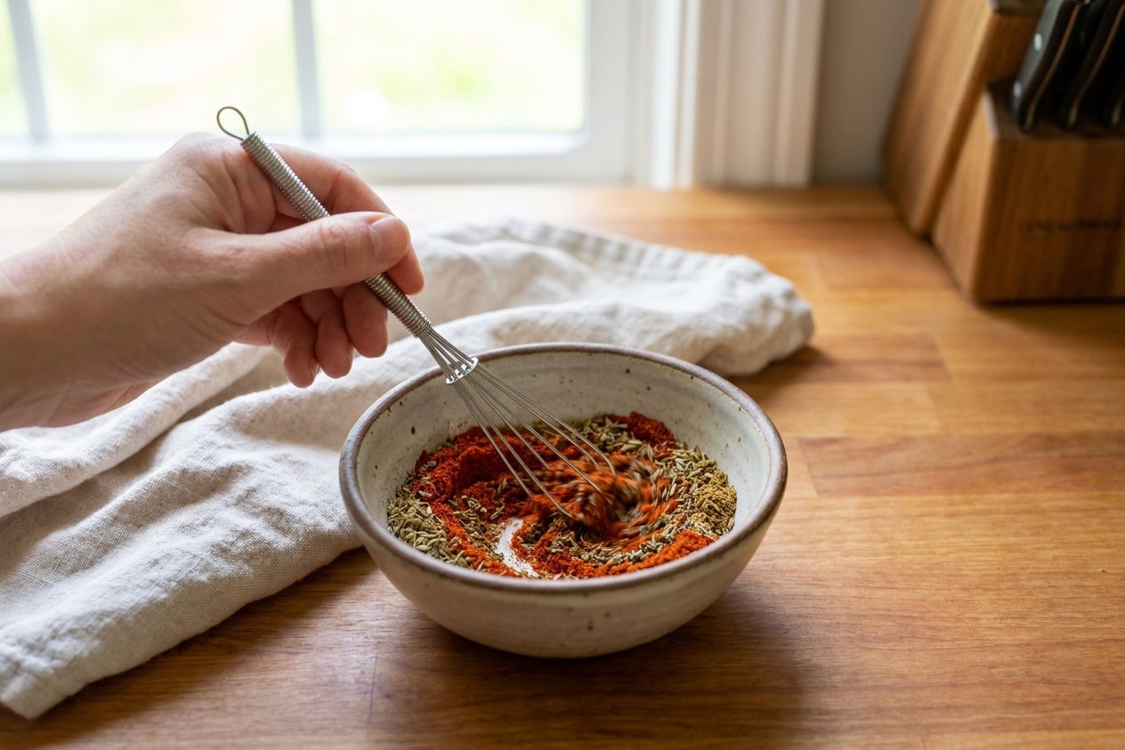 Paprika and dried spices being whisked together in a small ceramic bowl on a warm kitchen counter