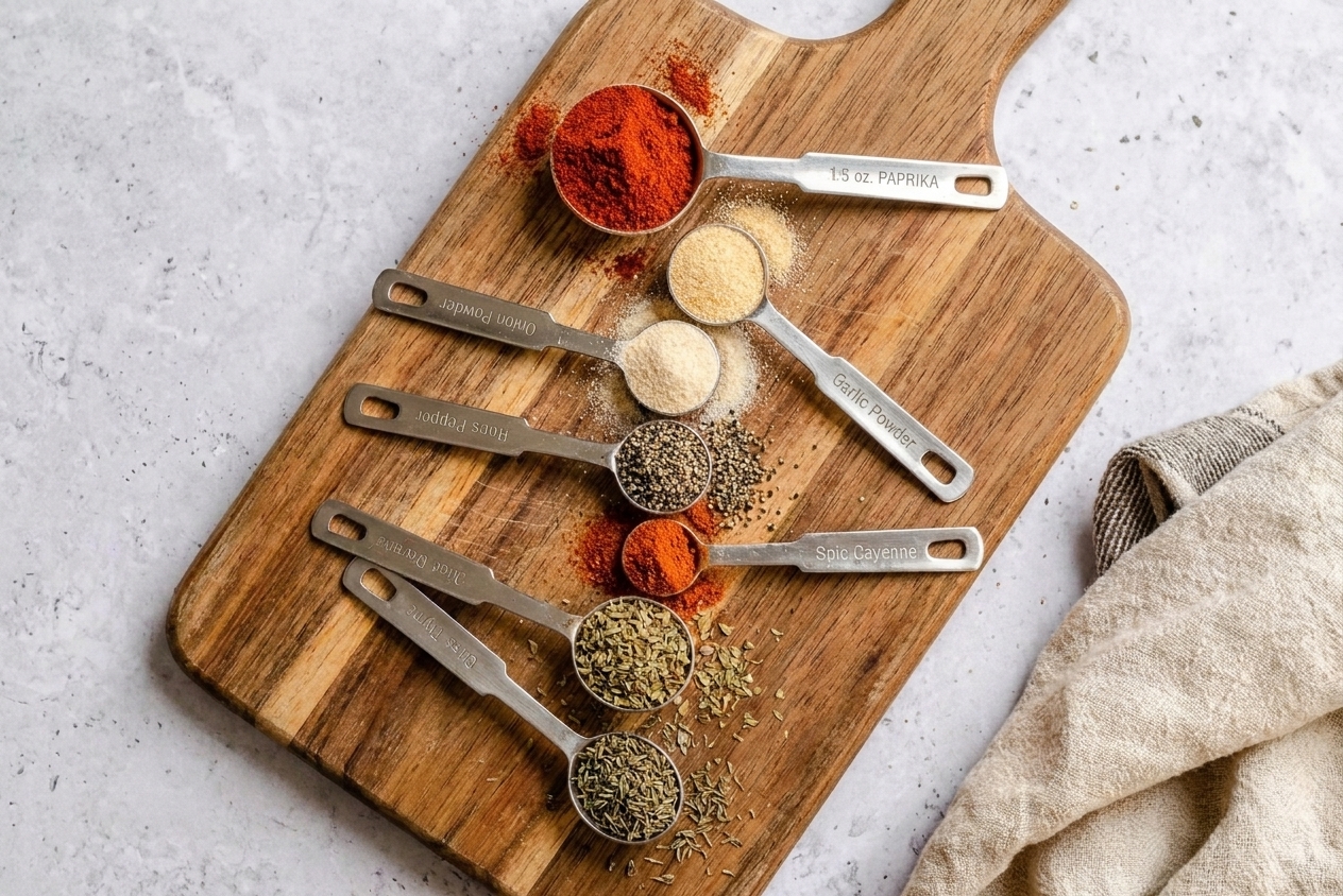 Paprika, garlic powder, onion powder, black pepper, cayenne, oregano, and thyme measured in spoons on a wooden cutting board