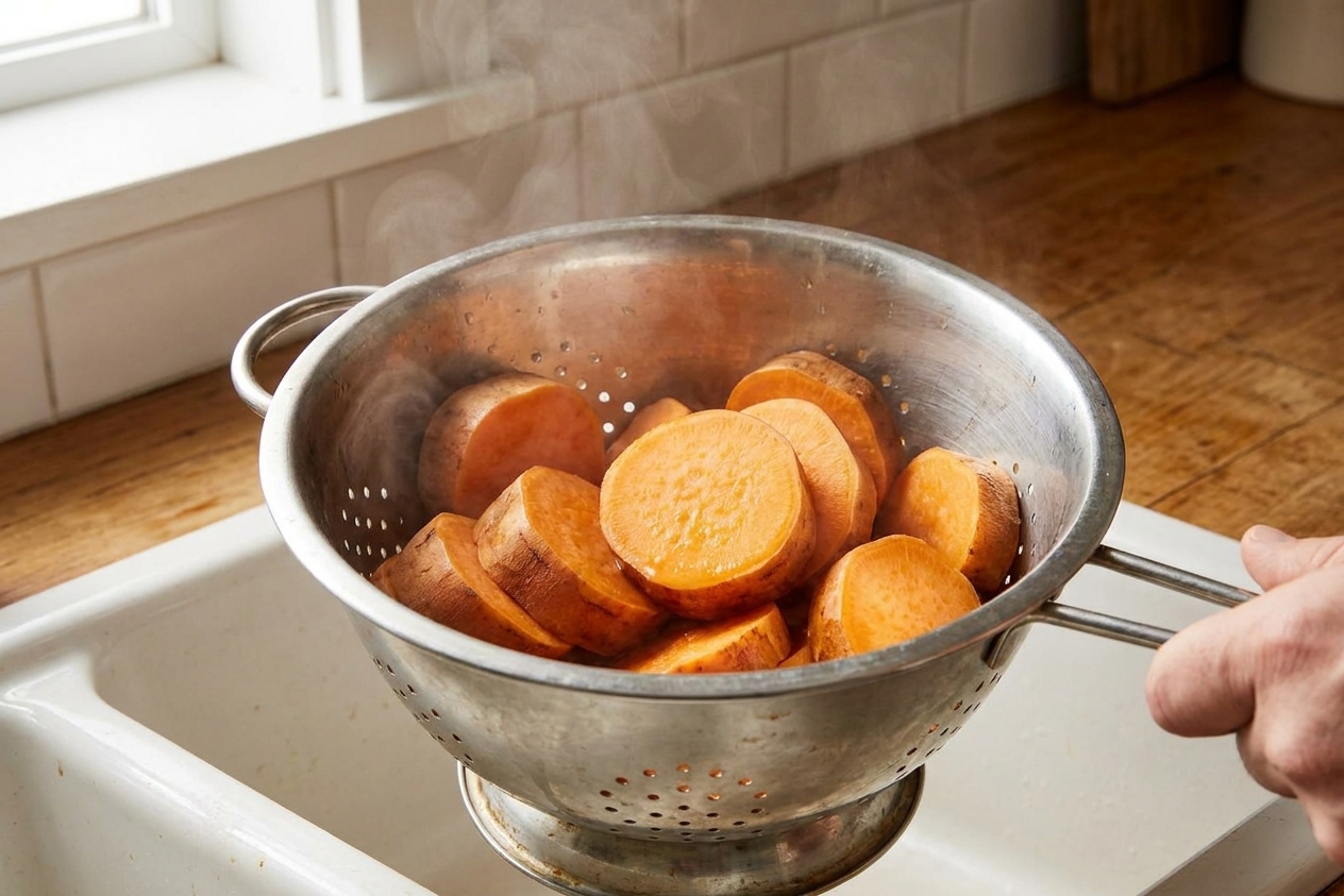 Par-boiled yam slices draining in a metal colander in a kitchen sink