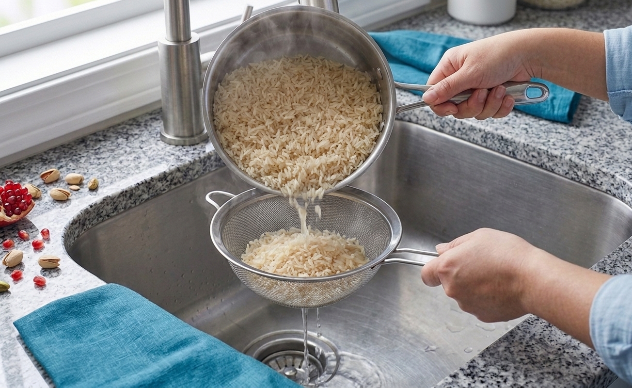 Parboiled basmati rice being poured into a fine-mesh strainer over a sink