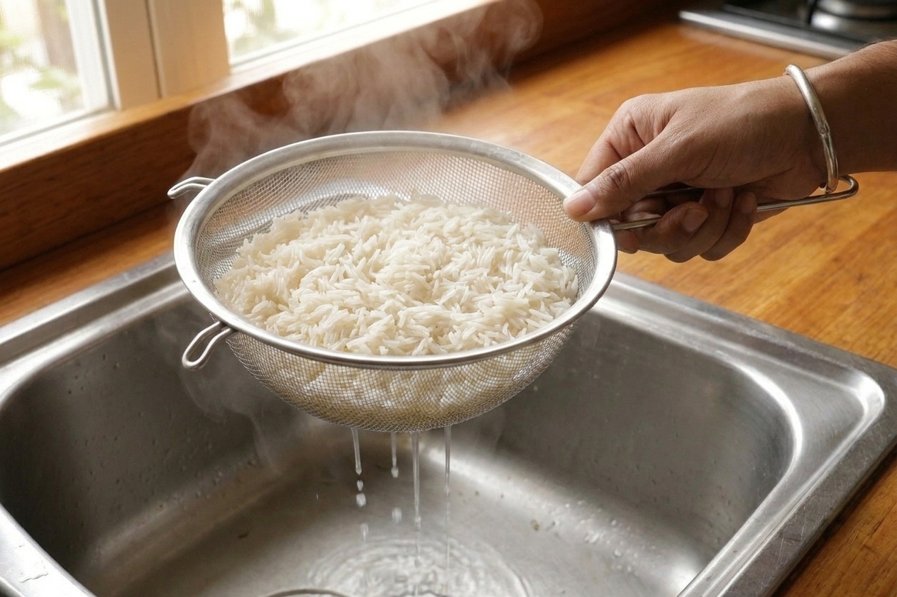 Parboiled basmati rice draining in a colander with steam rising in a kitchen sink