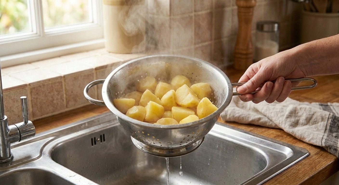 Parboiled potato chunks draining in a colander over a sink, steam rising