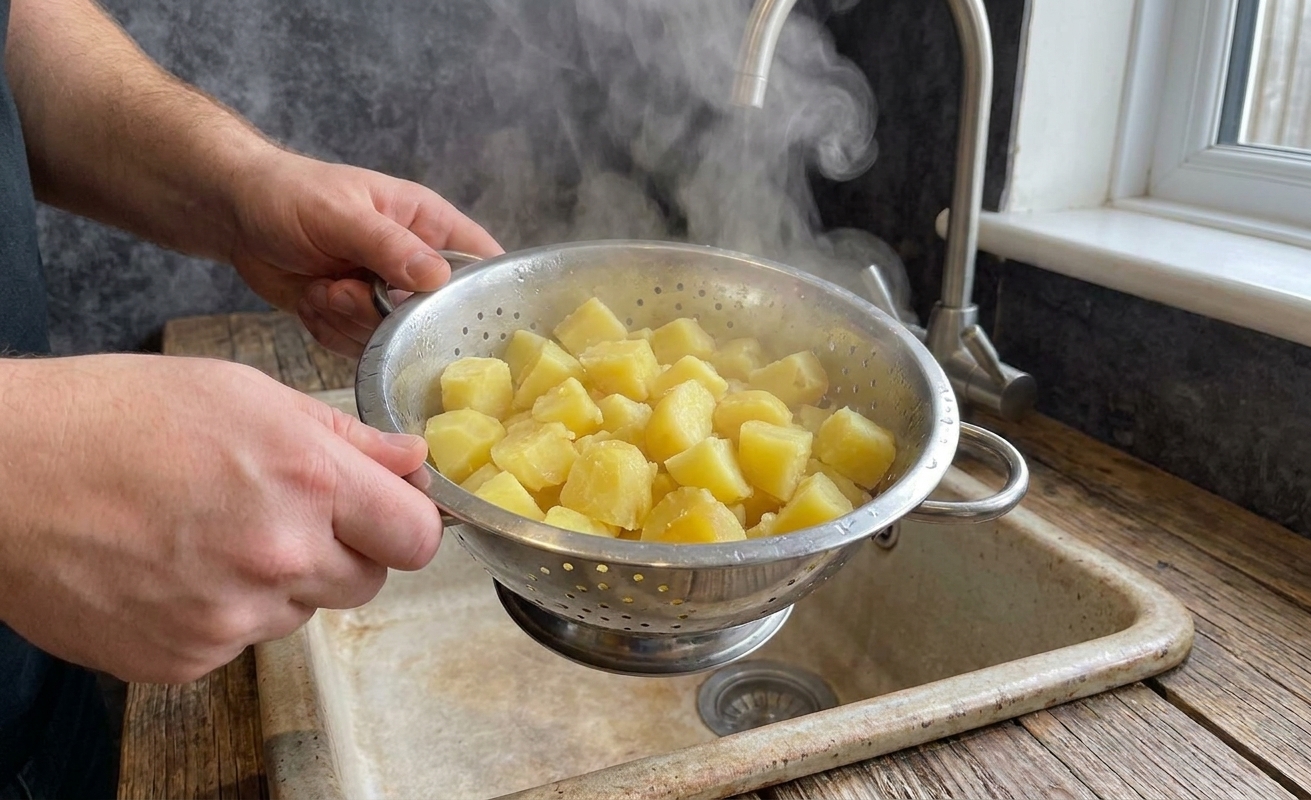 Parboiled potato cubes in a metal colander over a sink, steam rising, ready to be tossed for crisp edges