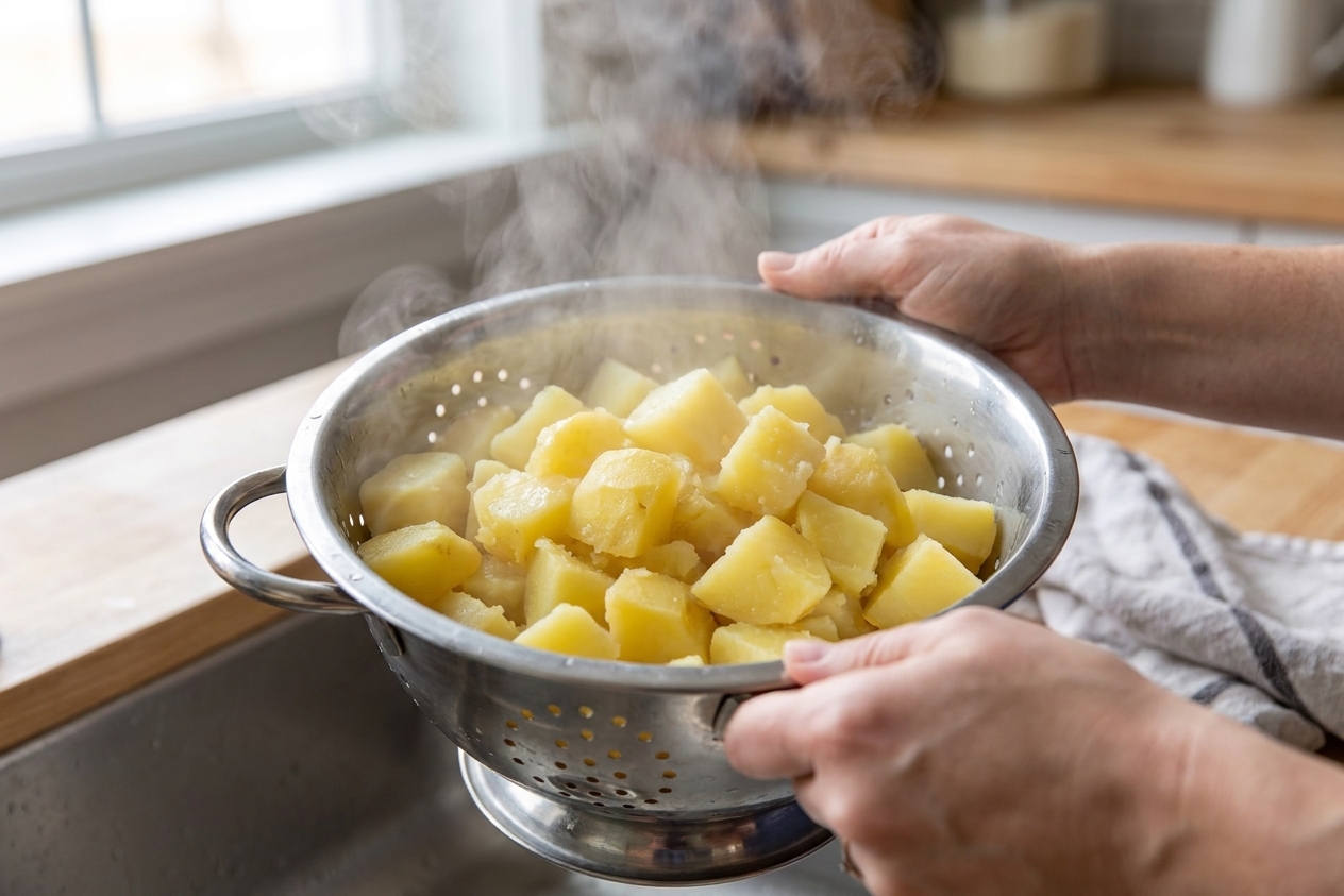 Parboiled potato cubes steaming in a colander after draining to remove excess moisture.