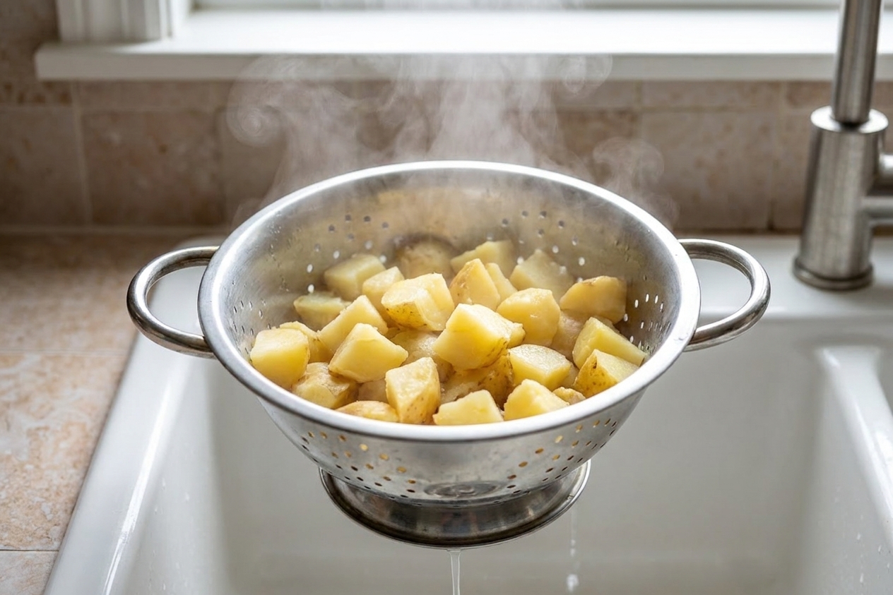 Parboiled potato cubes steaming in a metal colander over a sink right after draining