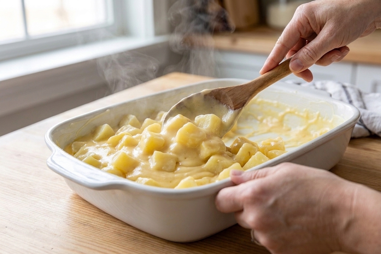 Parboiled potatoes being folded with creamy cheese sauce in a baking dish until evenly coated.
