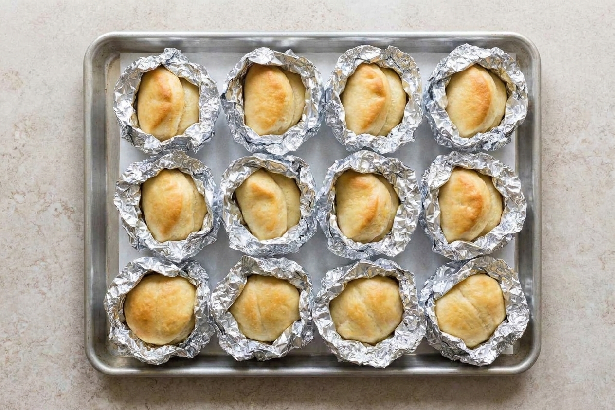Parker House rolls wrapped loosely in foil on a baking sheet ready to rewarm in the oven