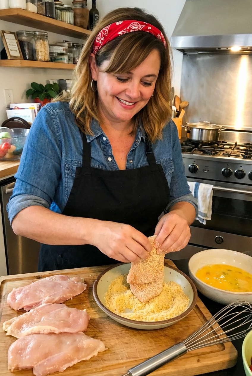 Parmesan and breadcrumb mixture in a shallow bowl next to beaten eggs and raw chicken cutlets on a cutting board
