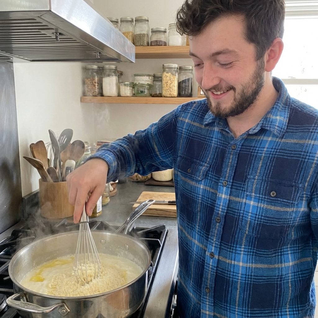 Parmesan being whisked into warm cream and butter in a saucepan