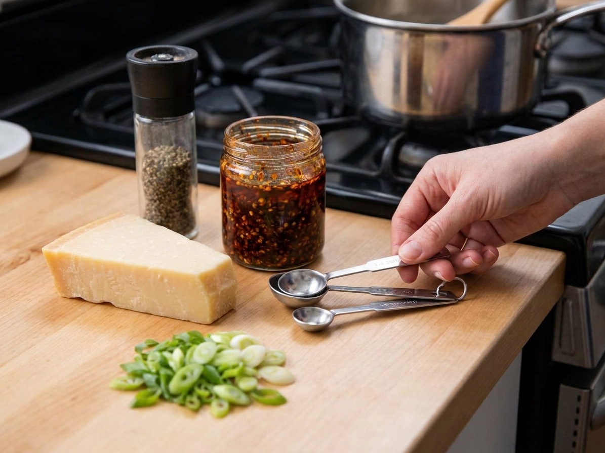 Parmesan cheese, sliced scallions, a jar of chili crisp, and black pepper on a kitchen counter beside measuring spoons