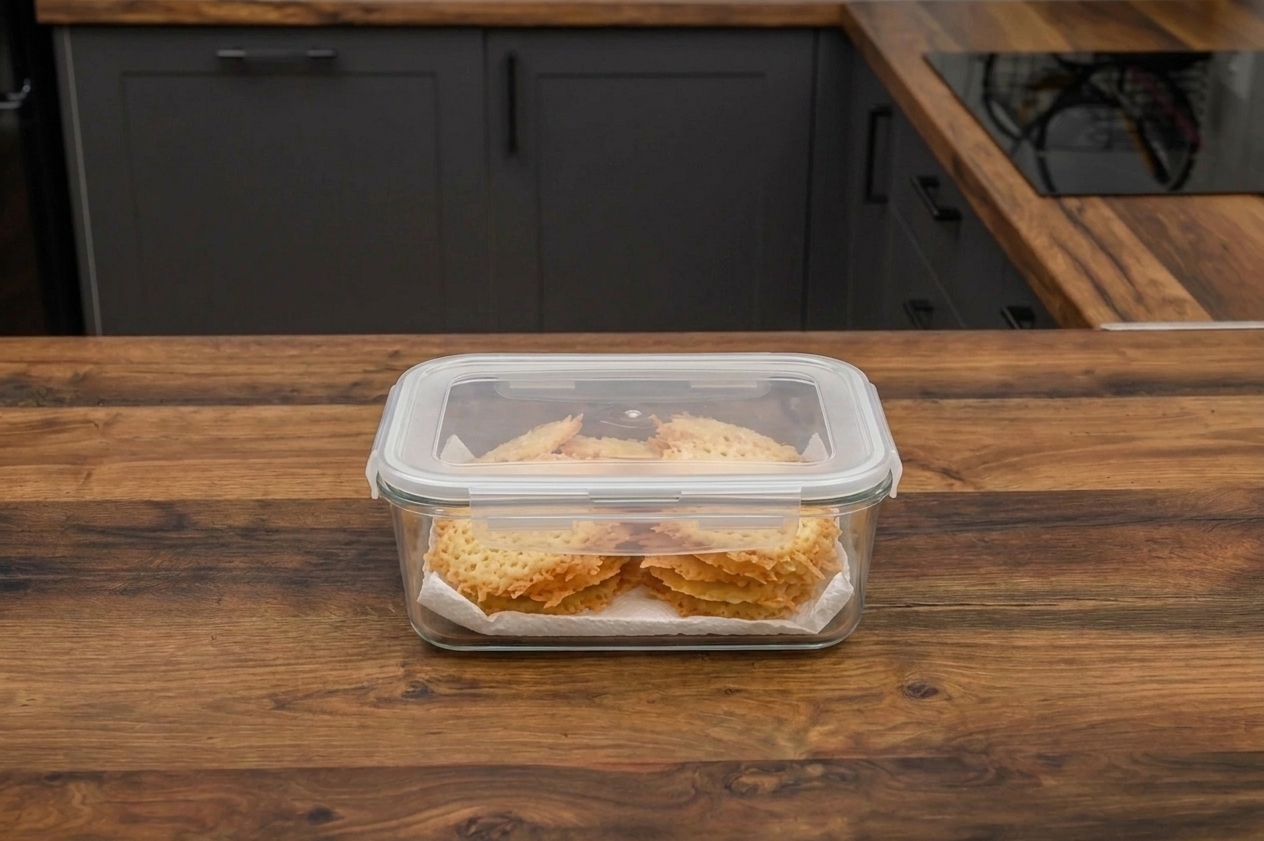Parmesan crisps stacked in an airtight glass container lined with a paper towel