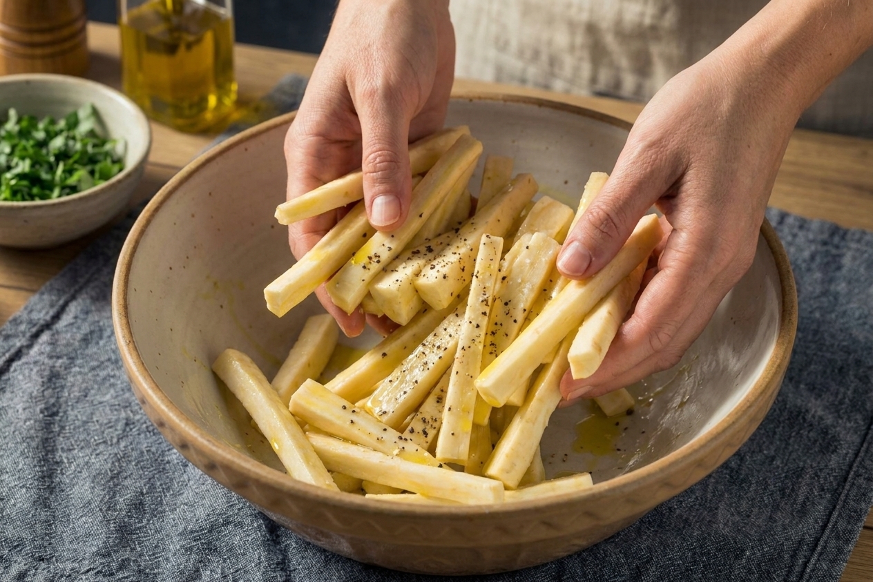 Parsnip sticks being tossed with olive oil, salt, and pepper in a large mixing bowl on a kitchen counter