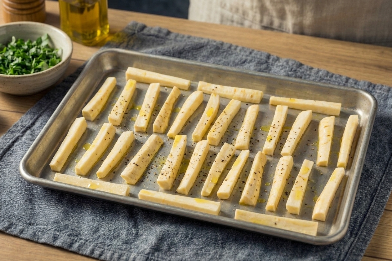Parsnip sticks spaced out on a rimmed sheet pan, ready for roasting