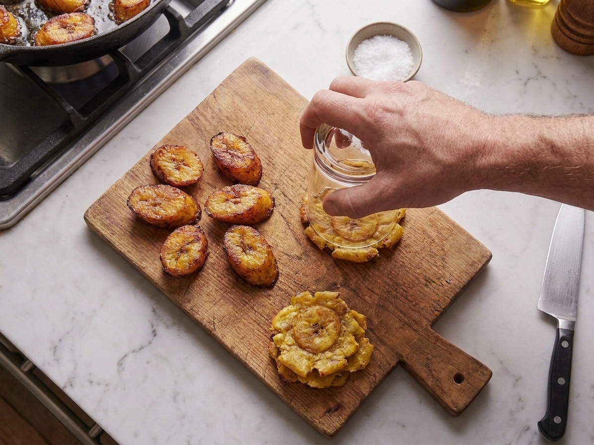Partially fried plantain rounds being smashed with the bottom of a glass on a cutting board, ready for a second fry