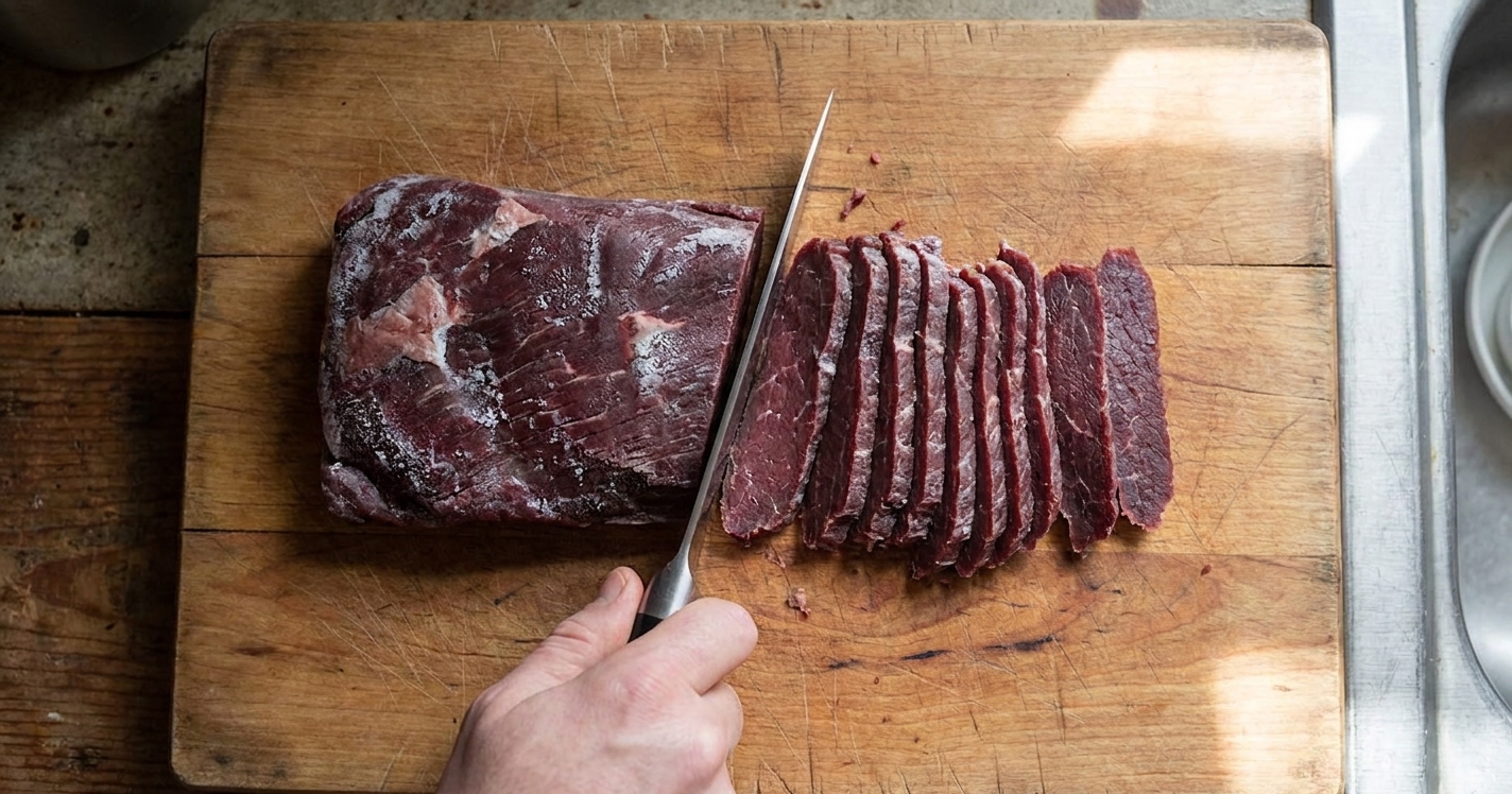 Partially frozen venison being sliced into thin strips on a wooden cutting board with a chef's knife