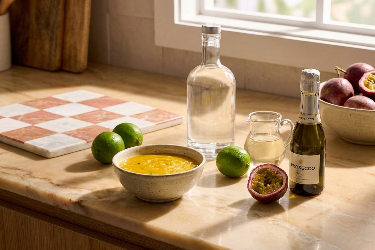 Passion fruit purée, vanilla vodka, lime, simple syrup, and a small bottle of sparkling wine arranged on a bright kitchen counter