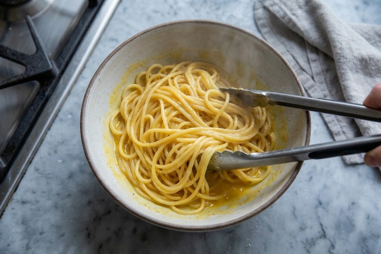Pasta being tossed in a bowl with a glossy egg yolk sauce using tongs, with steam rising