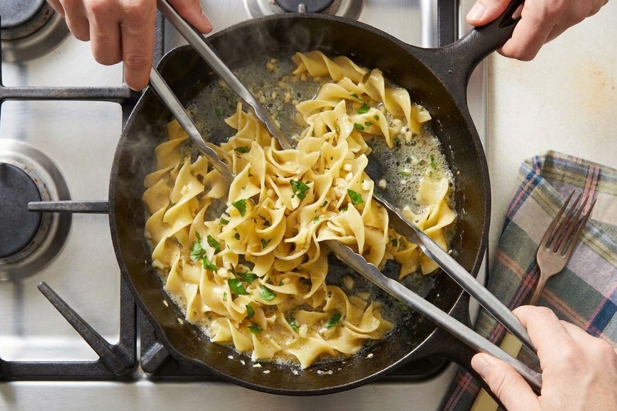 Pasta being tossed in a skillet with a glossy butter sauce using tongs on a stovetop