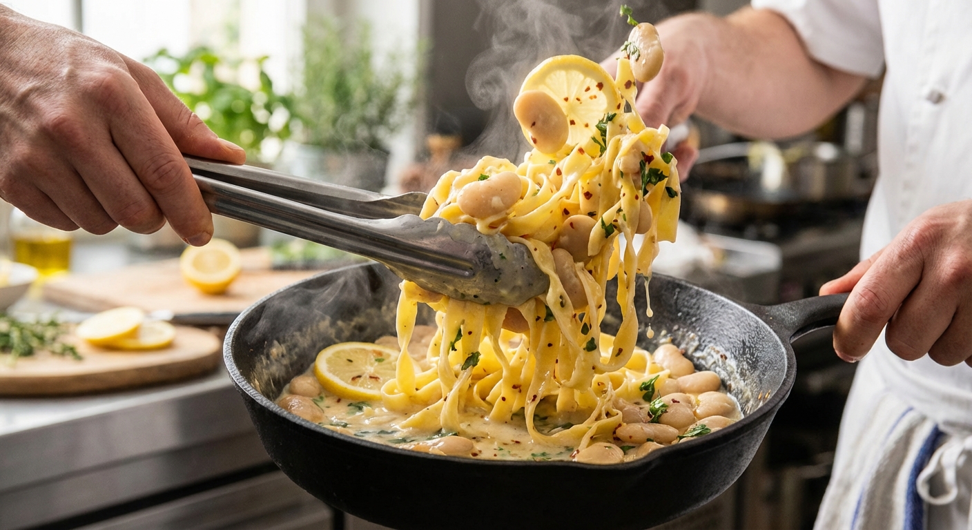 Pasta being tossed in a skillet with butter beans and lemony sauce using tongs