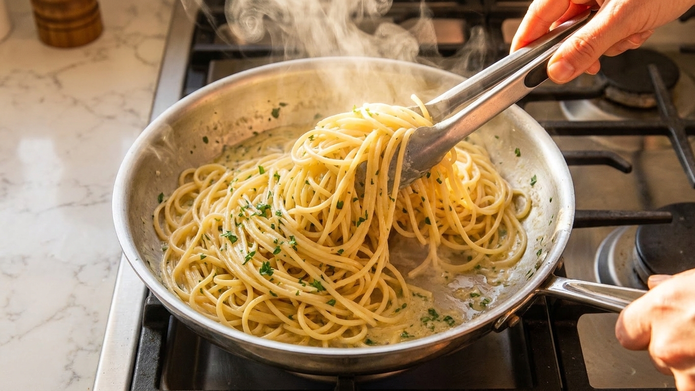 Pasta being tossed in a skillet with creamy garlic butter sauce using tongs on a stovetop, steam rising in warm kitchen light