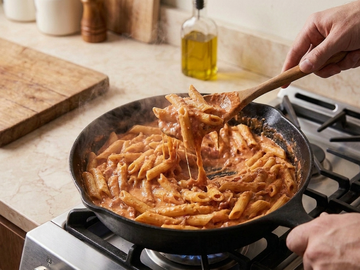 Pasta being tossed in a skillet with creamy tomato sauce as it thickens and clings to the noodles