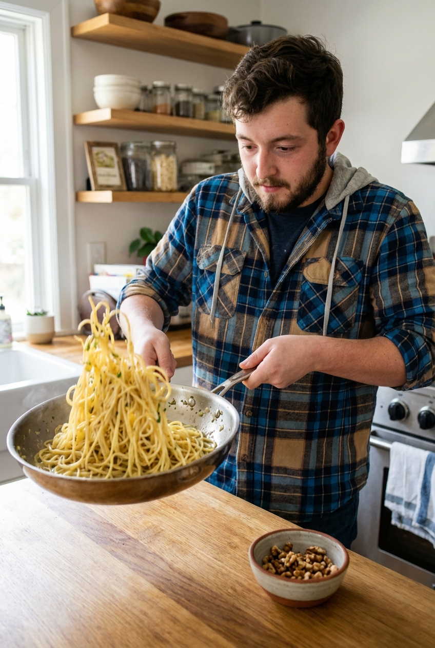Pasta being tossed in a skillet with lemon herb sauce, with toasted nuts in a small bowl nearby