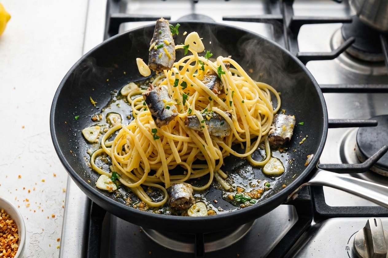 Pasta being tossed in a skillet with sardines, garlic, and lemony olive oil sauce on a stovetop
