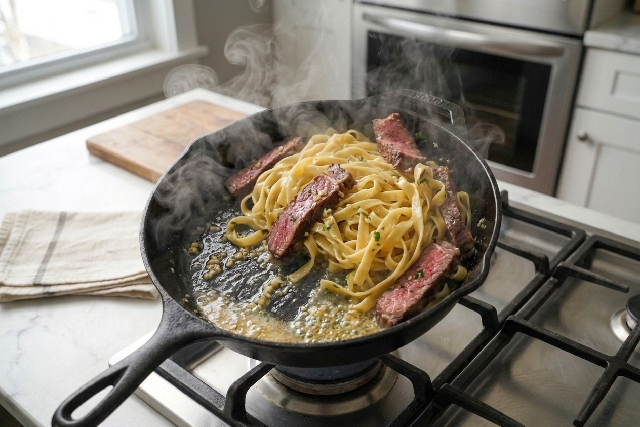 Pasta being tossed in a skillet with sliced steak and a glossy garlic butter sauce as steam rises