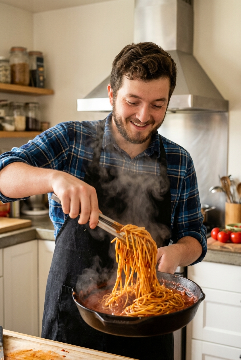 Pasta being tossed in a skillet with smoky red sauce using tongs, with steam rising