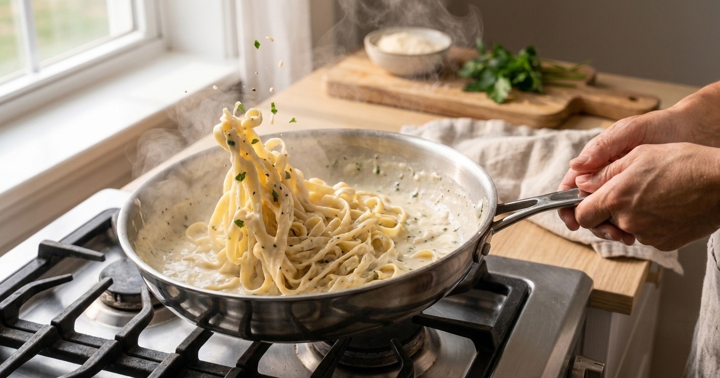 Pasta being tossed through a creamy white sauce in a large skillet on a home stove with steam rising