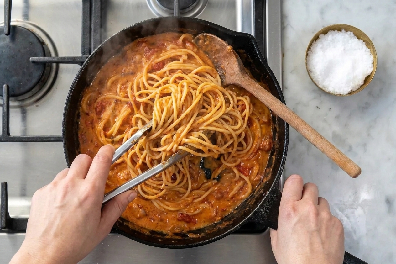 Pasta being tossed with creamy tomato sauce in a skillet using tongs on a stovetop