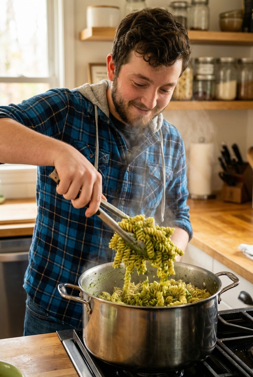 Pasta being tossed with green herb and walnut pesto in a large pot using tongs, with steam rising in a home kitchen