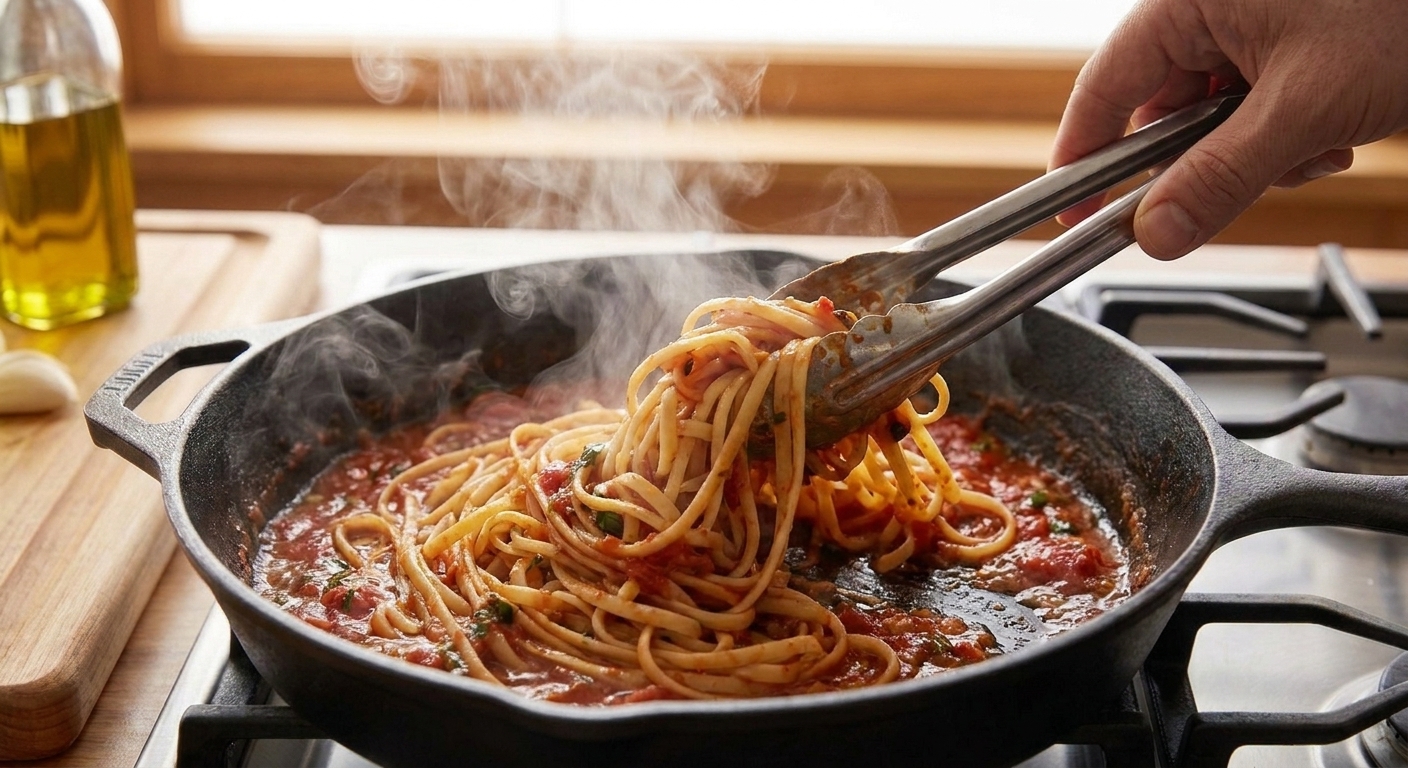 Pasta being tossed with sauce in a skillet using tongs on a home stove, with steam rising