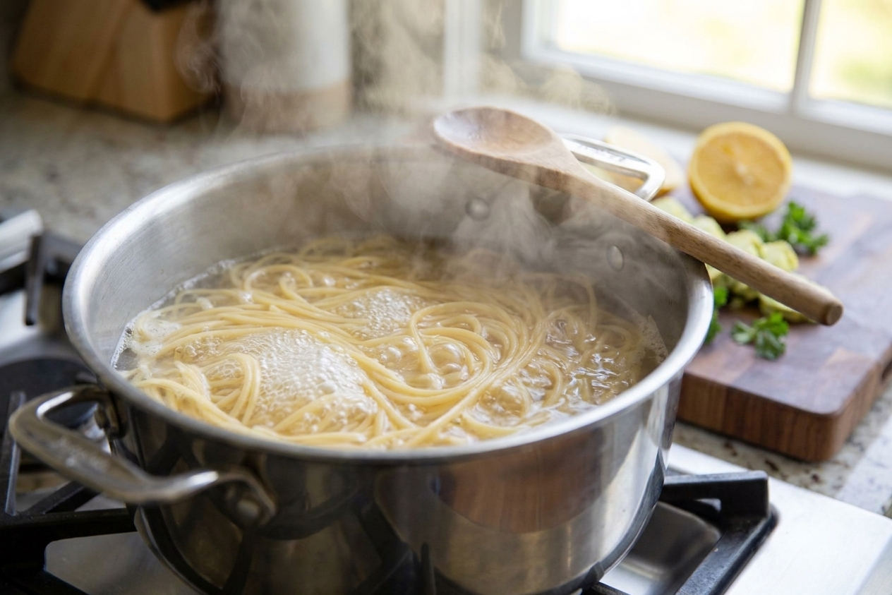 Pasta boiling in a large pot of water on a stovetop with steam rising