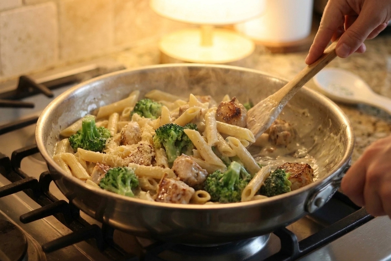 Pasta, broccoli, and chicken being tossed in a creamy Alfredo sauce inside a large skillet on a home stovetop