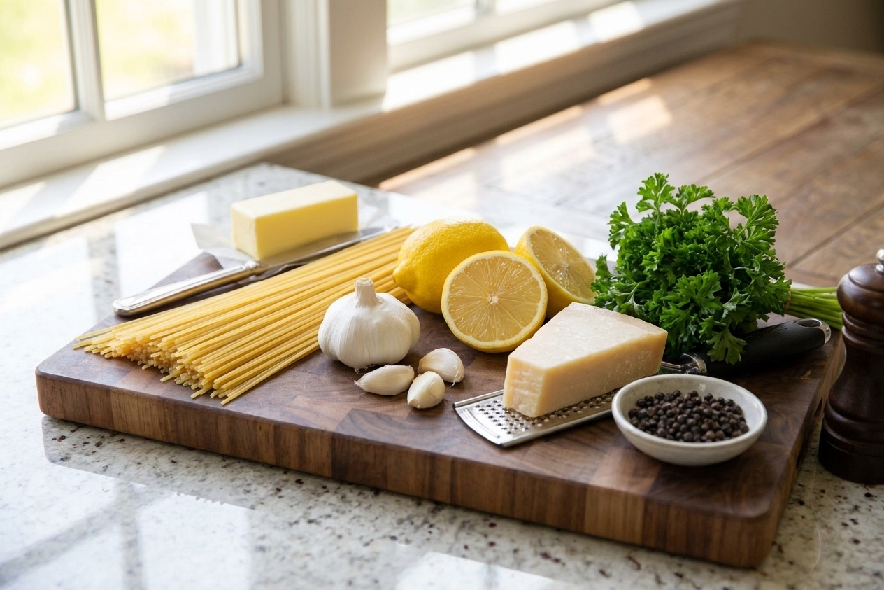 Pasta, butter, garlic, lemon, Parmesan, parsley, and black pepper arranged on a clean kitchen counter in warm natural light