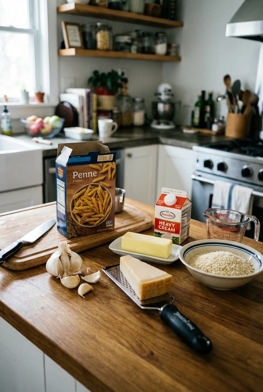 Pasta, garlic, Parmesan, butter, cream, and panko on a kitchen counter