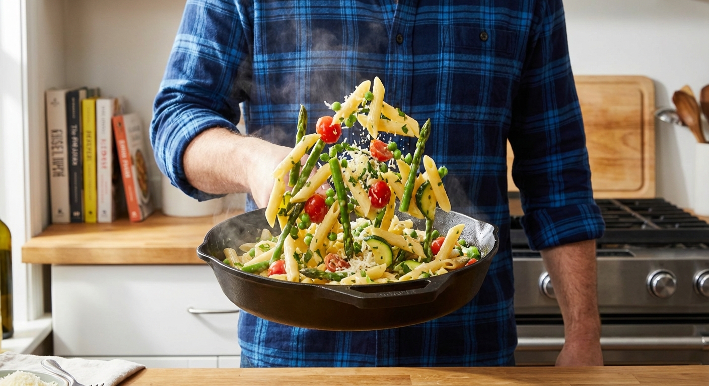 Pasta primavera being tossed in a skillet with vegetables and a glossy lemon Parmesan sauce