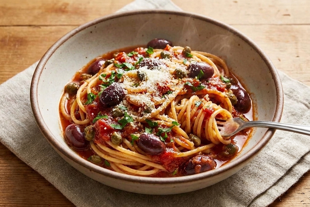 Pasta puttanesca twirled in a serving bowl with parsley scattered on top and a fork resting on the rim, set on a wooden table in warm light