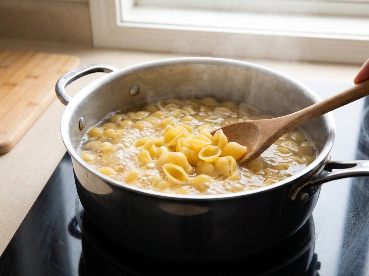 Pasta shells boiling in a large stainless steel pot on a home stove with light steam rising