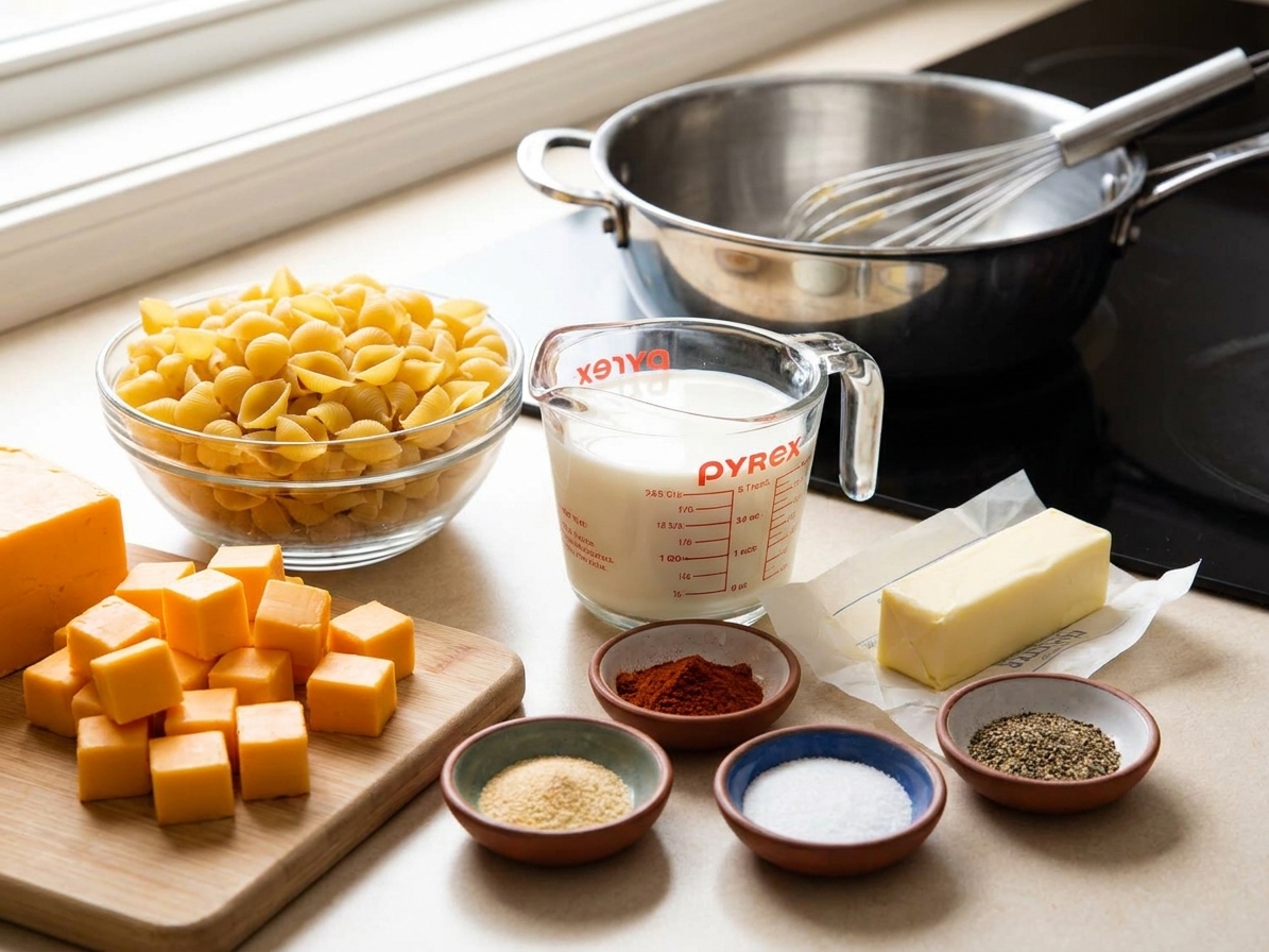 Pasta shells, cubed Velveeta, a measuring cup of milk, butter, and small bowls of seasonings arranged on a bright kitchen counter