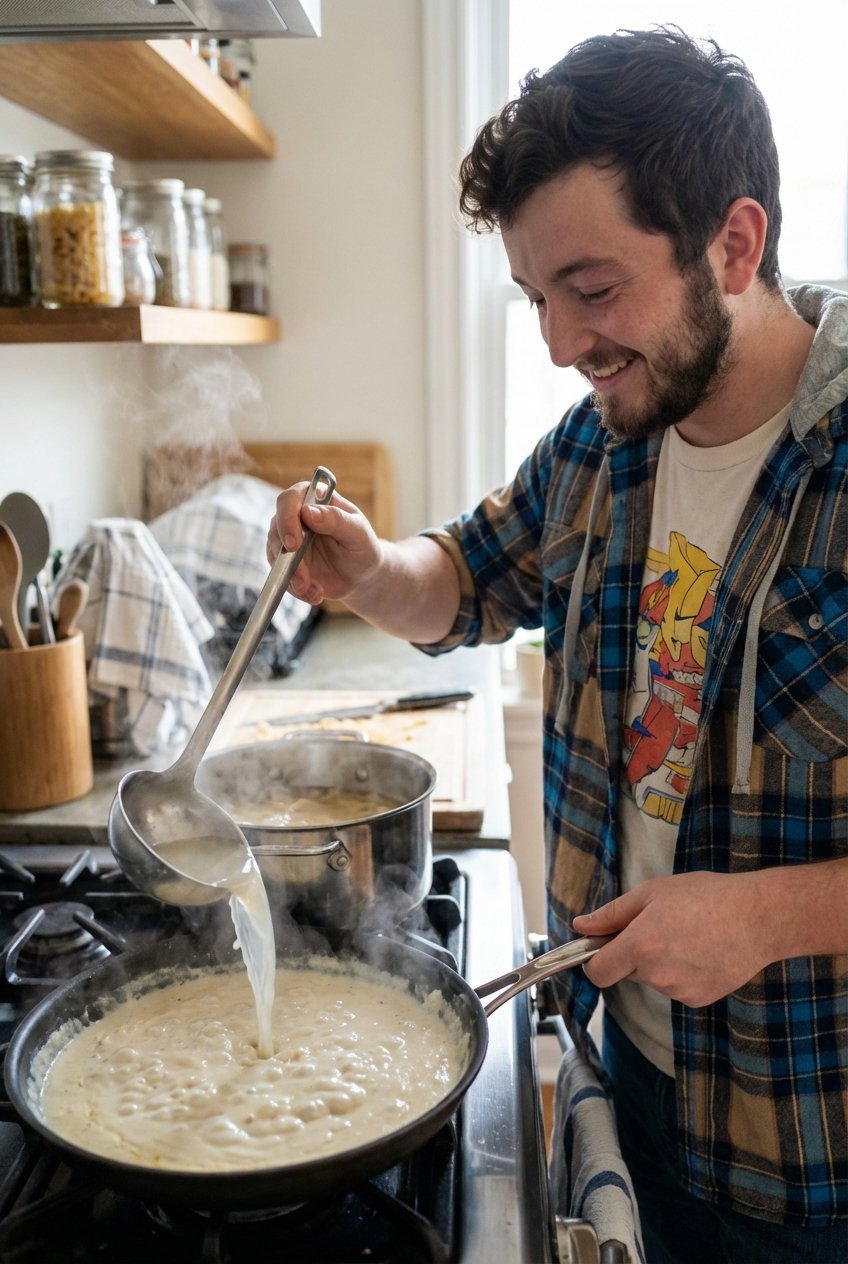 Pasta water being ladled into a skillet of creamy sauce