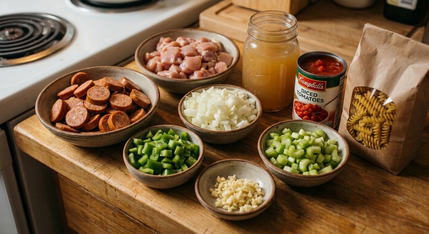Pastalaya ingredients arranged on a warm-toned kitchen counter including sliced andouille, diced chicken thighs, chopped onion, bell pepper, celery, garlic, broth, canned tomatoes, and dry pasta