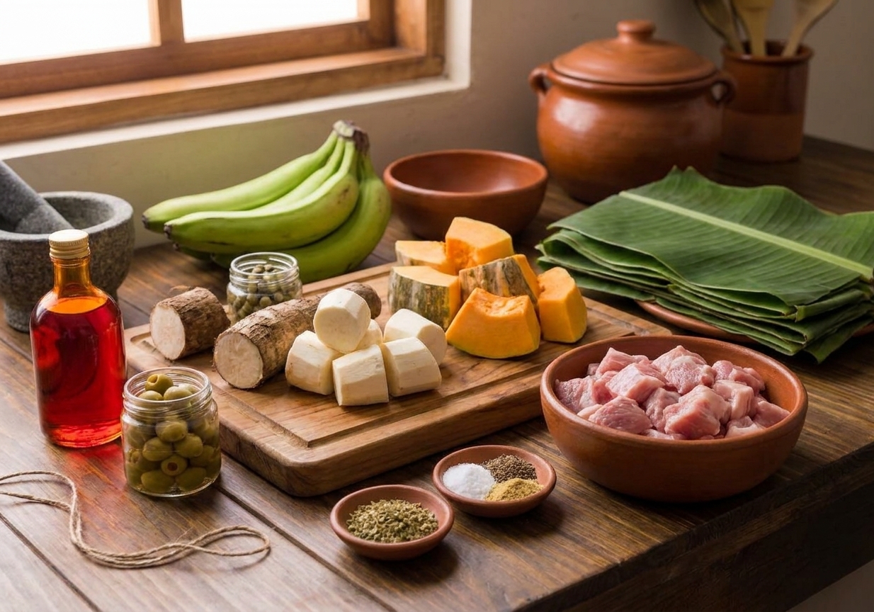 Pasteles ingredients on a kitchen counter including green bananas, yautia, calabaza squash, banana leaves, pork, olives, capers, achiote oil, and seasonings