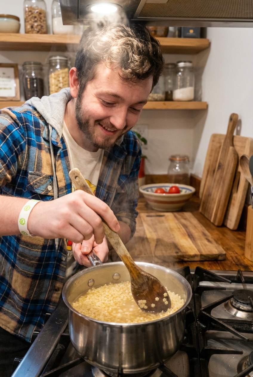 Pastina simmering in a small saucepan on a stove with a wooden spoon stirring